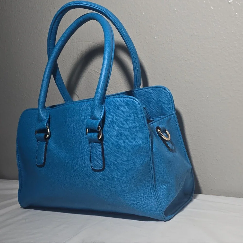 Call It Spring Cobalt Blue Saffiano Faux Leather Satchel Tote Bag Padlock Gold
